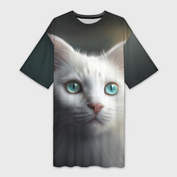Женская длинная футболка Милый белый кот с голубыми глазами