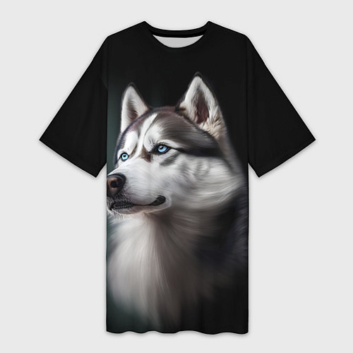 Женская длинная футболка Собака Хаски с голубыми глазами / 3D-принт – фото 1