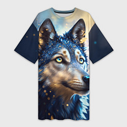 Женская длинная футболка Волк на синем фоне
