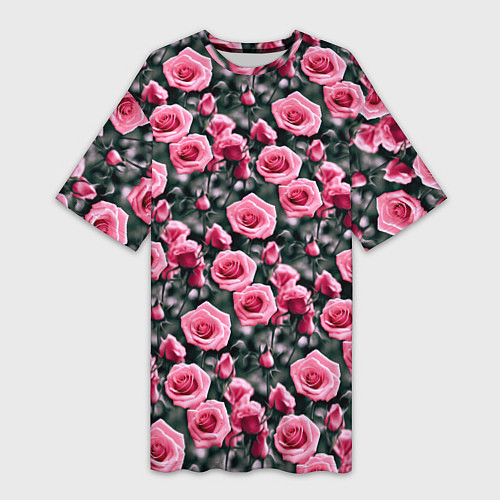 Женская длинная футболка Кусты розовых роз на сером фоне / 3D-принт – фото 1