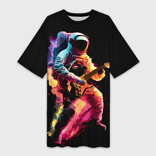 Женская длинная футболка Космонавт с гитарой в радужных огнях / 3D-принт – фото 1