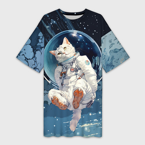 Женская длинная футболка Белый кот космонавт в невесомости / 3D-принт – фото 1