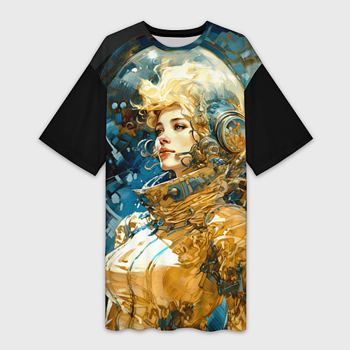 Женская длинная футболка Блондинка космонавт в золотом скафандре / 3D-принт – фото 1