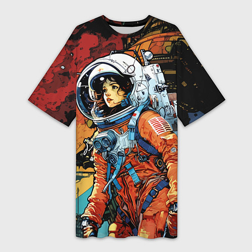 Женская длинная футболка Девушка космонавт в фантастическом городе / 3D-принт – фото 1
