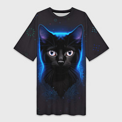 Футболка женская длинная Черный кот на фоне созвездий, цвет: 3D-принт