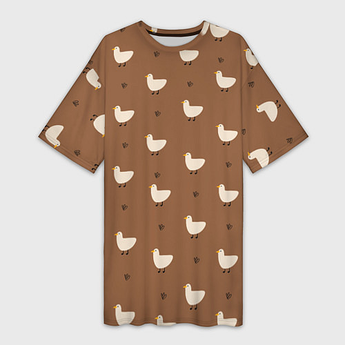 Женская длинная футболка Гуси и травка - паттерн коричневый / 3D-принт – фото 1