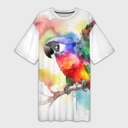 Женская длинная футболка Разноцветный акварельный попугай