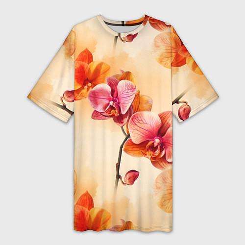 Женская длинная футболка Акварельные цветы - персиковый паттерн / 3D-принт – фото 1