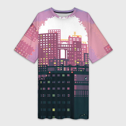 Женская длинная футболка Пиксельный пейзаж города - закат / 3D-принт – фото 1
