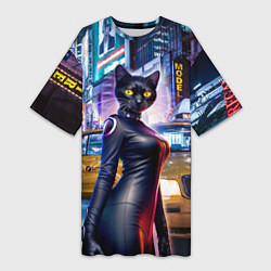 Женская длинная футболка Модная чёрная кошечка в Нью-Йорке