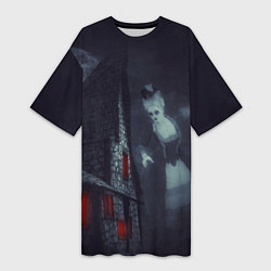 Женская длинная футболка Жуткий старый дом с женщиной призраком