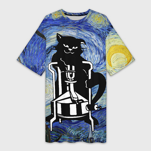 Женская длинная футболка Кот Бегемот на примусе в Звездной ночи / 3D-принт – фото 1