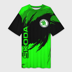 Футболка женская длинная Шкода - зеленые штрихи, цвет: 3D-принт