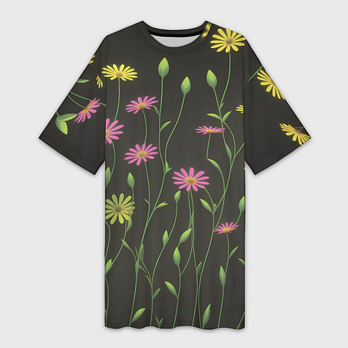 Женская длинная футболка Полевые цветочки на темном фоне / 3D-принт – фото 1