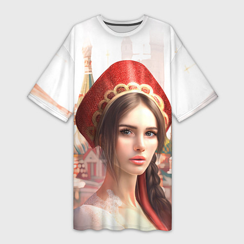 Женская длинная футболка Девушка в кокошнике с косой - кремль / 3D-принт – фото 1