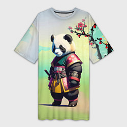 Футболка женская длинная Панда-самурай - цветущая сакура, цвет: 3D-принт