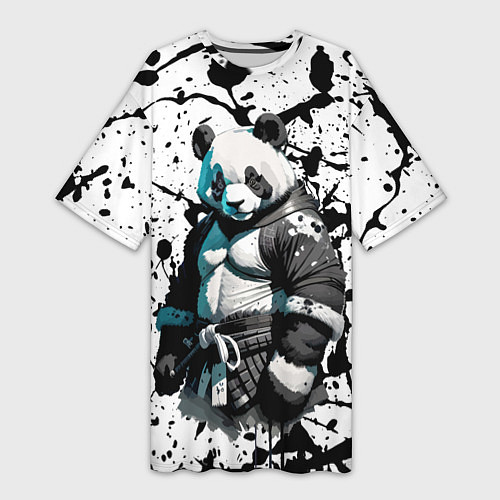 Женская длинная футболка Panda samurai on the background of blots / 3D-принт – фото 1