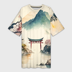 Женская длинная футболка Японский пейзаж - акварель