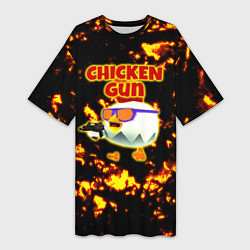 Женская длинная футболка Chicken Gun на фоне огня