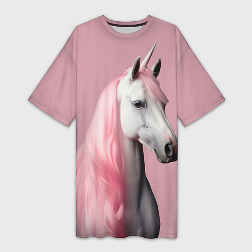 Женская длинная футболка Единорог розовая грива / 3D-принт – фото 1