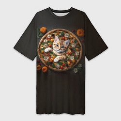 Женская длинная футболка Кот в пицце