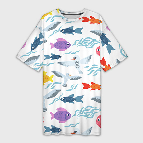 Женская длинная футболка Рыбы и чайки / 3D-принт – фото 1