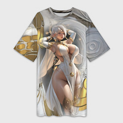 Футболка женская длинная Девушка с аппетитными формами в золотом, цвет: 3D-принт