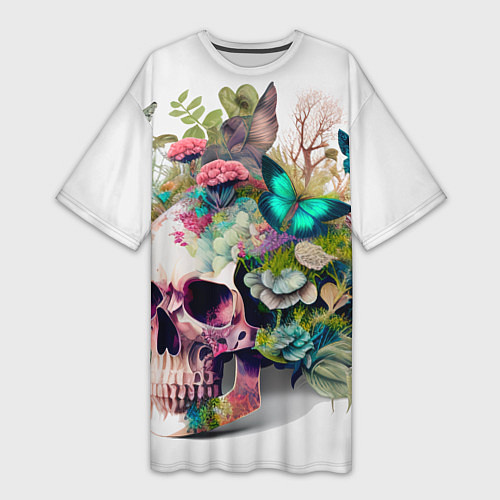 Женская длинная футболка Красивый череп с листьями и бабочками / 3D-принт – фото 1