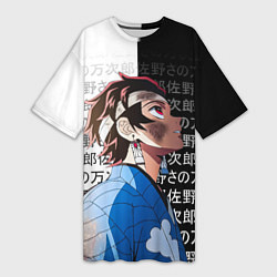 Женская длинная футболка Танджиро Комадо - иероглифы - клинок