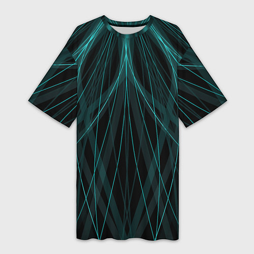 Женская длинная футболка Абстракция линии черно-бирюзовый / 3D-принт – фото 1