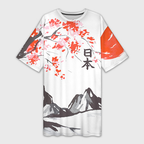 Женская длинная футболка Цветущая сакура и солнце - Япония / 3D-принт – фото 1