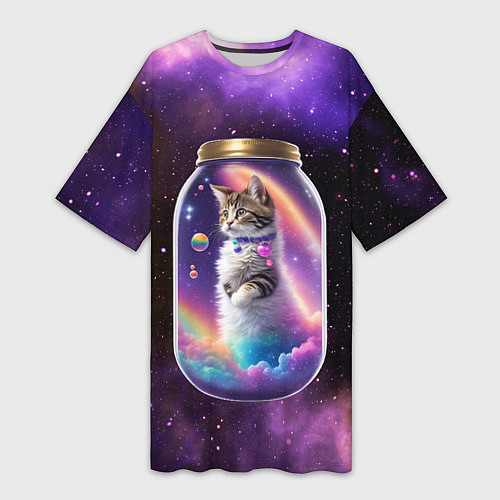 Женская длинная футболка Котик в звездном небе / 3D-принт – фото 1