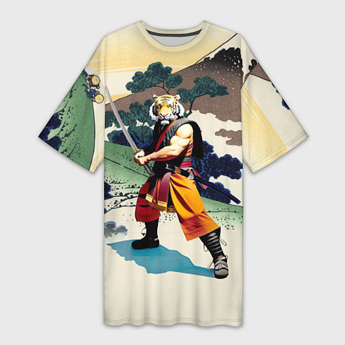 Женская длинная футболка Tiger samurai - Japan - neural network / 3D-принт – фото 1