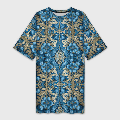 Женская длинная футболка Сине-золотой цветочный узор / 3D-принт – фото 1
