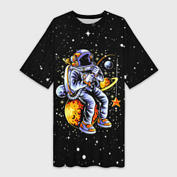 Женская длинная футболка Космонавт на рыбалке - неон