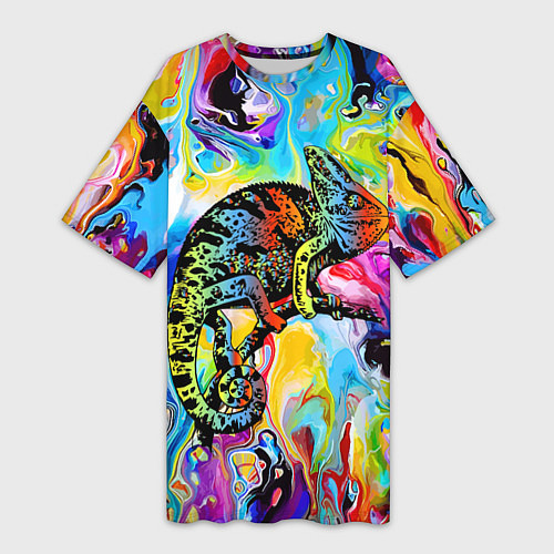 Женская длинная футболка Маскировка хамелеона на фоне ярких красок / 3D-принт – фото 1