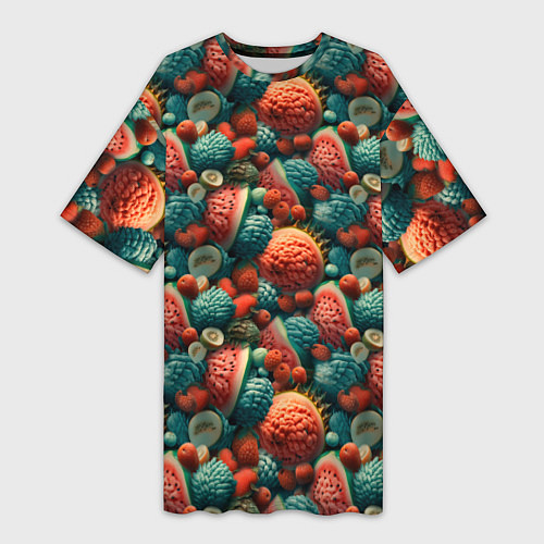 Женская длинная футболка Тропические фрукты паттерн / 3D-принт – фото 1
