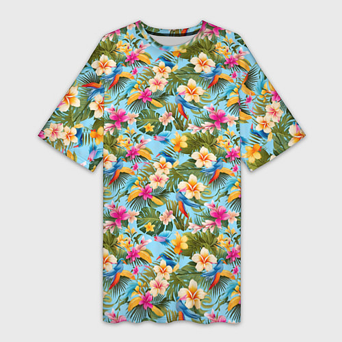 Женская длинная футболка Разноцветные цветочки гавайские / 3D-принт – фото 1