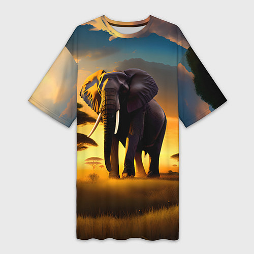 Женская длинная футболка Слон и рассвет в саванне / 3D-принт – фото 1