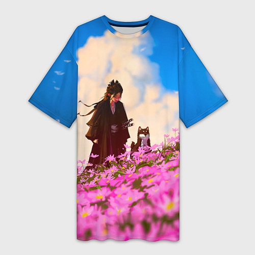 Женская длинная футболка Девушка самурай и сиба ину / 3D-принт – фото 1