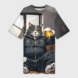 Женская длинная футболка Толстый кот со стаканом пива
