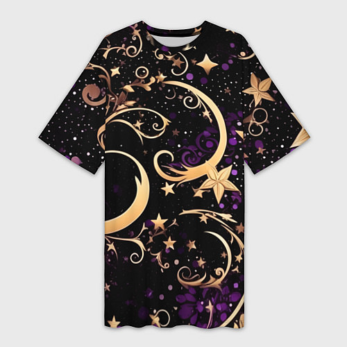 Женская длинная футболка Чёрный паттерн со звёздами и лунами / 3D-принт – фото 1