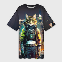 Женская длинная футболка Cool cat in New York city at night
