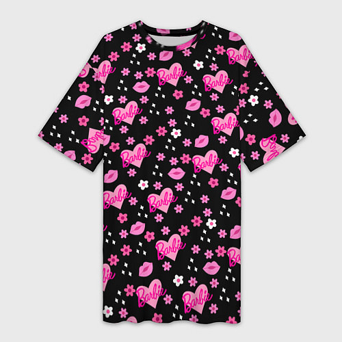 Женская длинная футболка Черный фон, барби и цветы / 3D-принт – фото 1