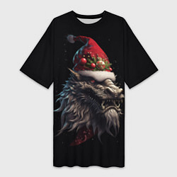 Женская длинная футболка Дракон в шапке Санта Клауса: арт нейросети