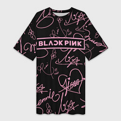 Женская длинная футболка Блэкпинк - розовые автографы