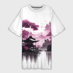 Женская длинная футболка Японские мотивы - фиолетовый