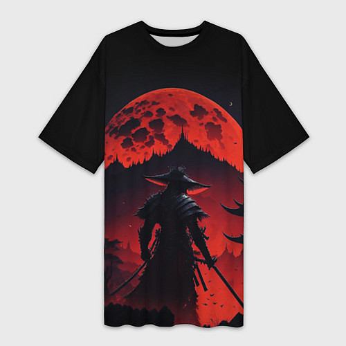 Женская длинная футболка Самурай, деревня и луна - мрачный / 3D-принт – фото 1