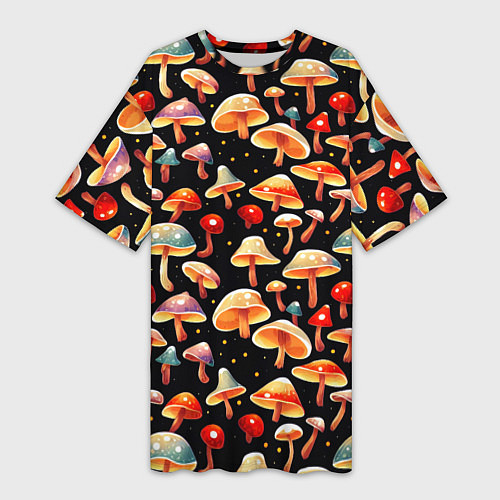 Женская длинная футболка Разноцветный грибной паттерн / 3D-принт – фото 1