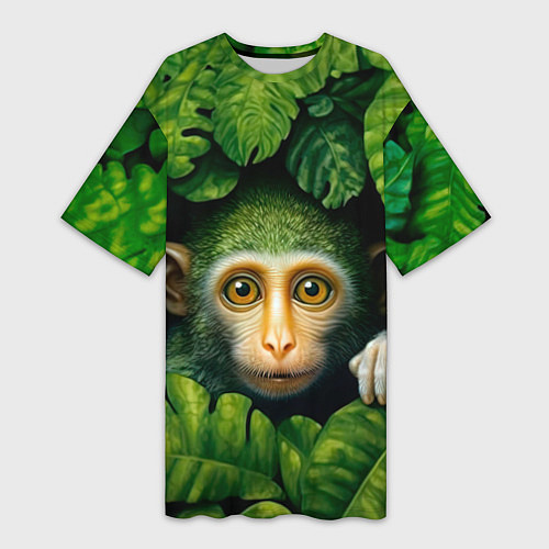 Женская длинная футболка Маленькая обезьянка в листьях / 3D-принт – фото 1